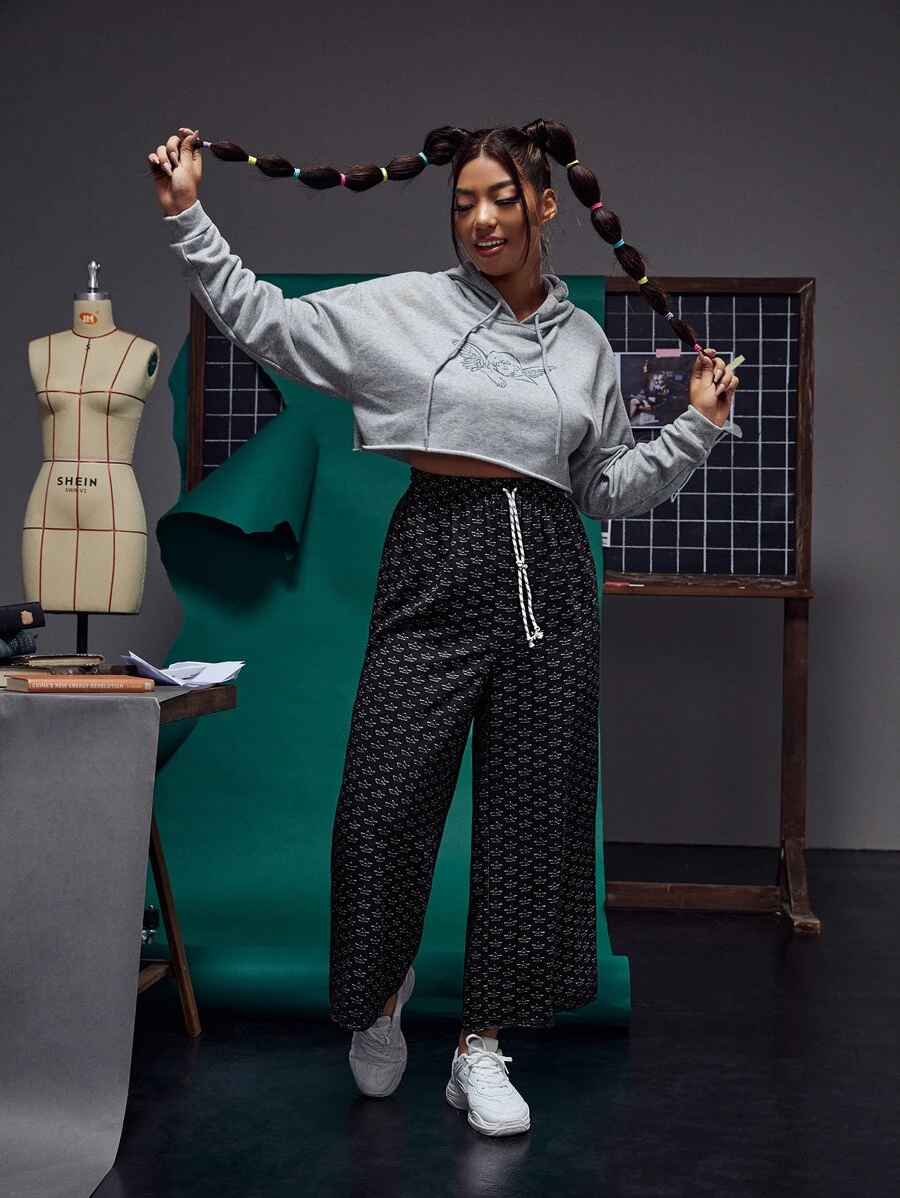 laNODO Plus Allover Boat Print Drawstring Waist Wide Leg Trousers - Black - View 1