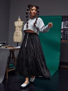 laNODO Plus Allover Boat Print Drawstring Waist Ruffle Hem Skirt - Black - View 4