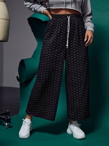 laNODO Plus Allover Boat Print Drawstring Waist Wide Leg Trousers - Black - View 3