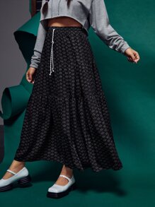 laNODO Plus Allover Boat Print Drawstring Waist Ruffle Hem Skirt - Black - View 6