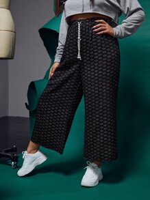 laNODO Plus Allover Boat Print Drawstring Waist Wide Leg Trousers - Black - View 4