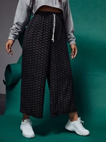 laNODO Plus Allover Boat Print Drawstring Waist Wide Leg Trousers - Black - View 5