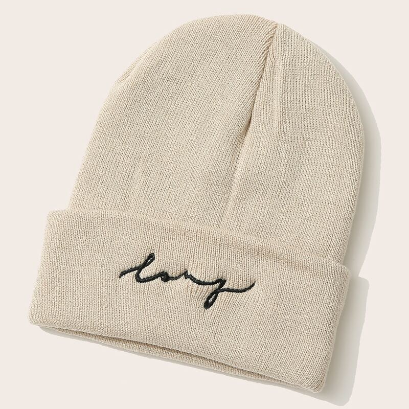 

Letter Embroidery Knit Beanie, Beige