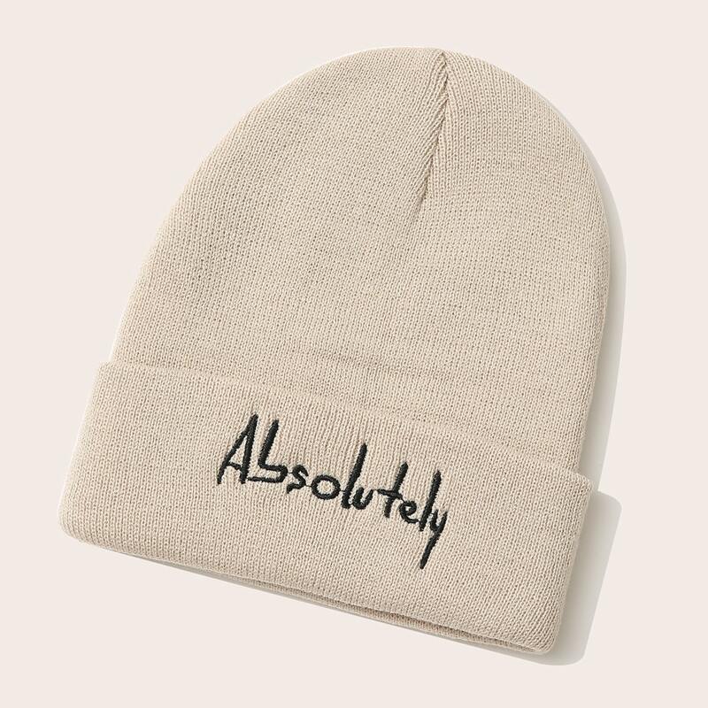 

Letter Graphic Embroidery Knit Hat, Beige