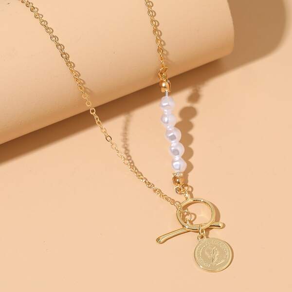 

Coin Charm Faux Pearl Decor Necklace, Gold