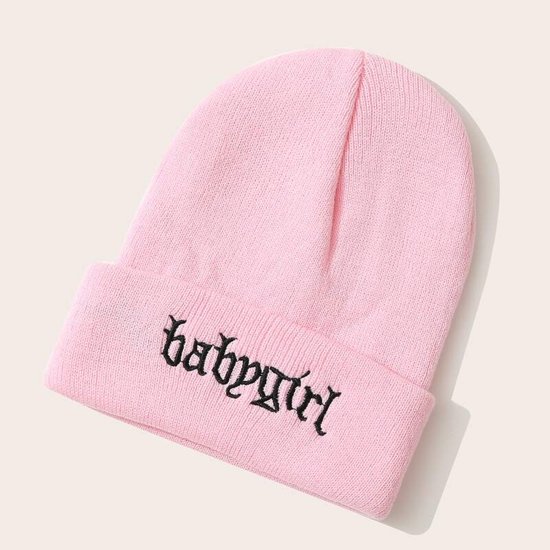 

Letter Graphic Embroidery Knit Hat, Dusty pink