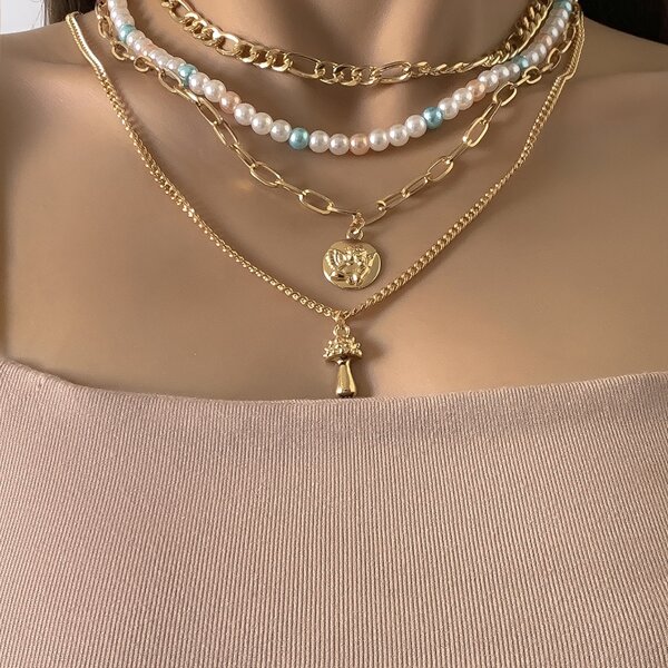 

4pcs Mushroom & Angel Charm Necklace, Gold