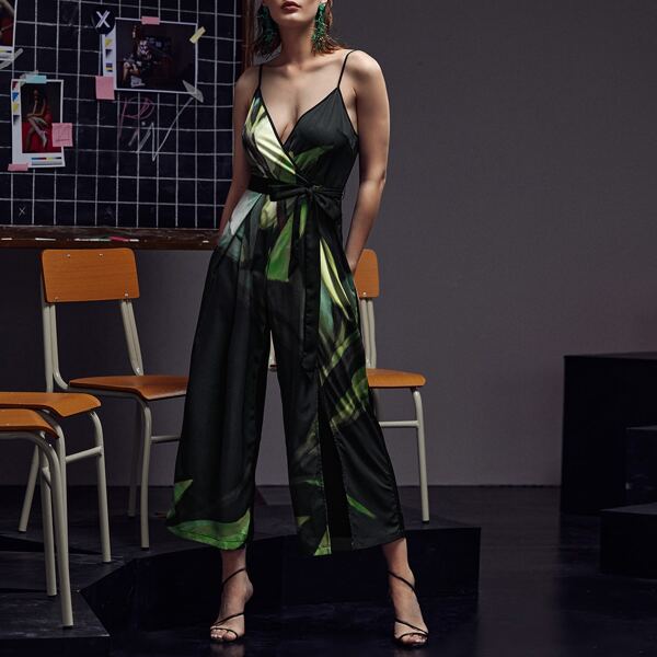 

Graphic Print Belted Cami Jumpsuit, Multicolor