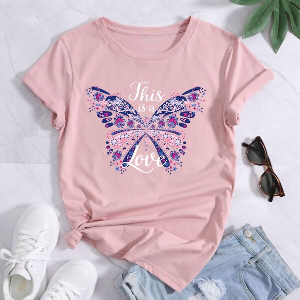 

Butterfly & Slogan Graphic Tee, Baby pink