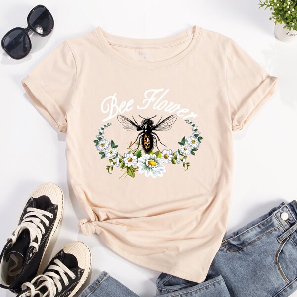 

Bee And Floral Print Tee, Apricot