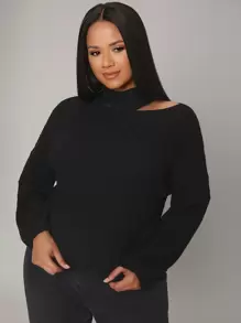 Mulvari Plus Asymmetrical Neck Cut Out Drop Shoulder Jumper - Black - View 1