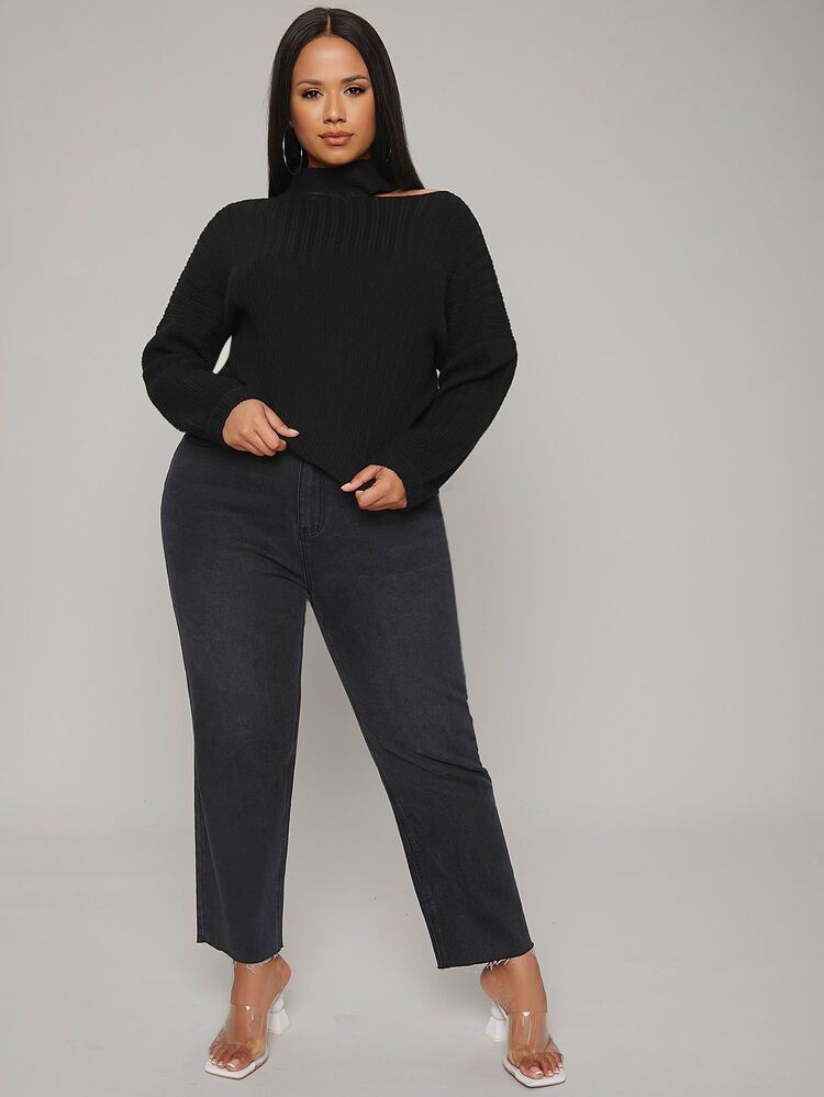 Mulvari Plus Asymmetrical Neck Cut Out Drop Shoulder Sweater - Black - View 3