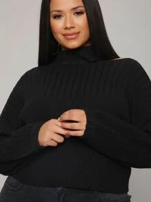 Mulvari Plus Asymmetrical Neck Cut Out Drop Shoulder Jumper - Black - View 5
