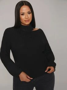 Mulvari Plus Asymmetrical Neck Cut Out Drop Shoulder Jumper - Black - View 6