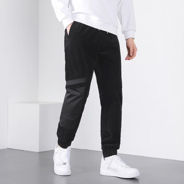 

Men Letter Embroidery Slant Pocket Corduroy Pants, Black