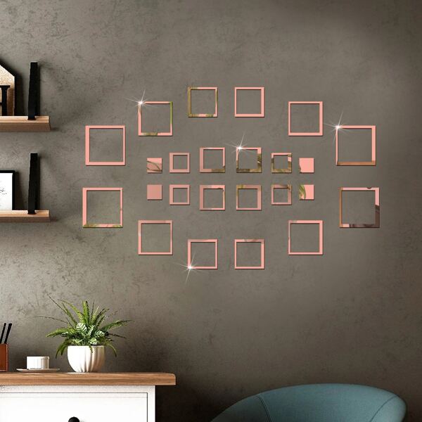 

24pcs Square Mirror Surface Wall Sticker, Rose gold