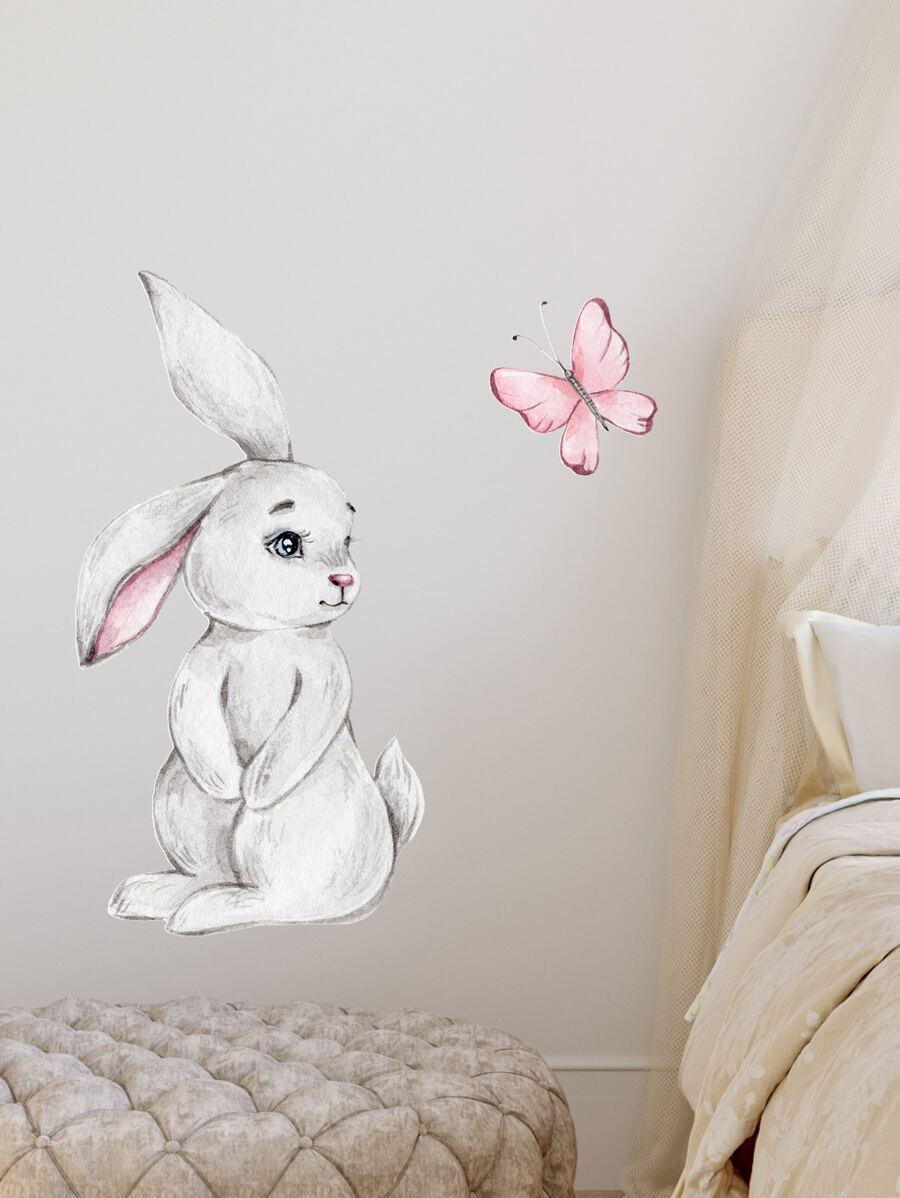 ملصق حائط بطباعة أرنب رسوم كارتون - متعدد الألوان - مشاهدة 1