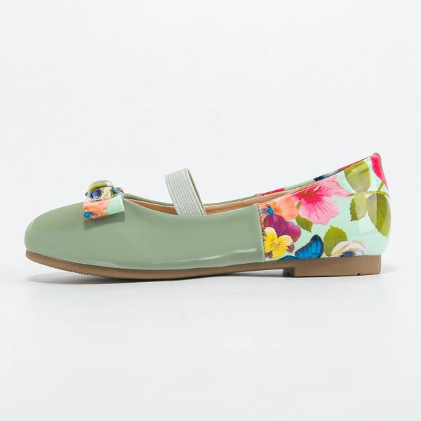 

Girls Floral Graphic Bow Decor Flats, Green