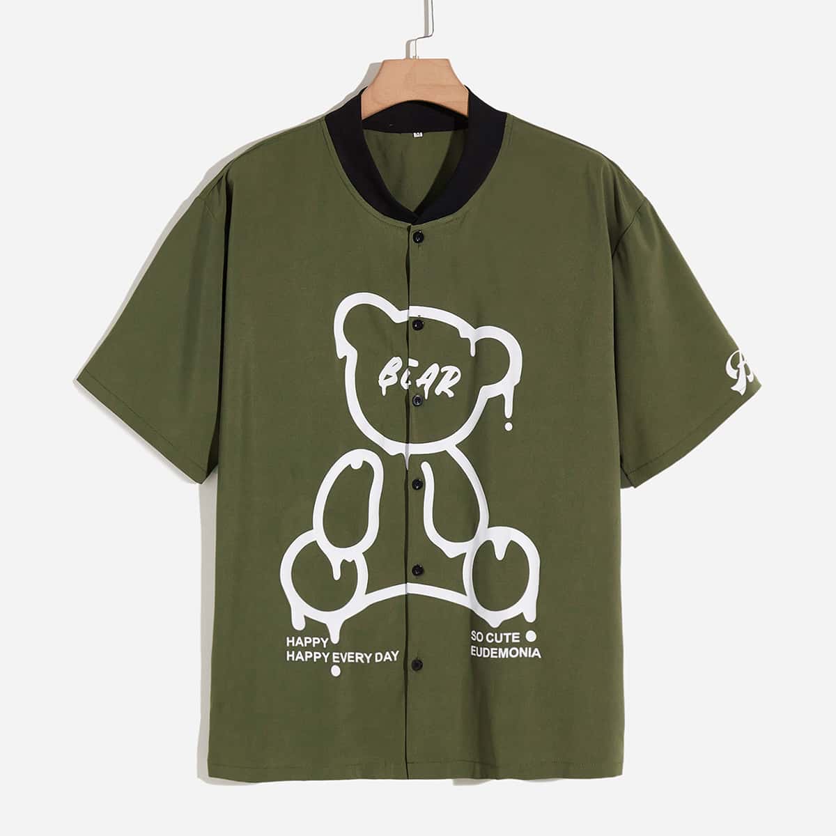 

Guys Bear And Slogan Graphic Baseball Collar Shirt, Green