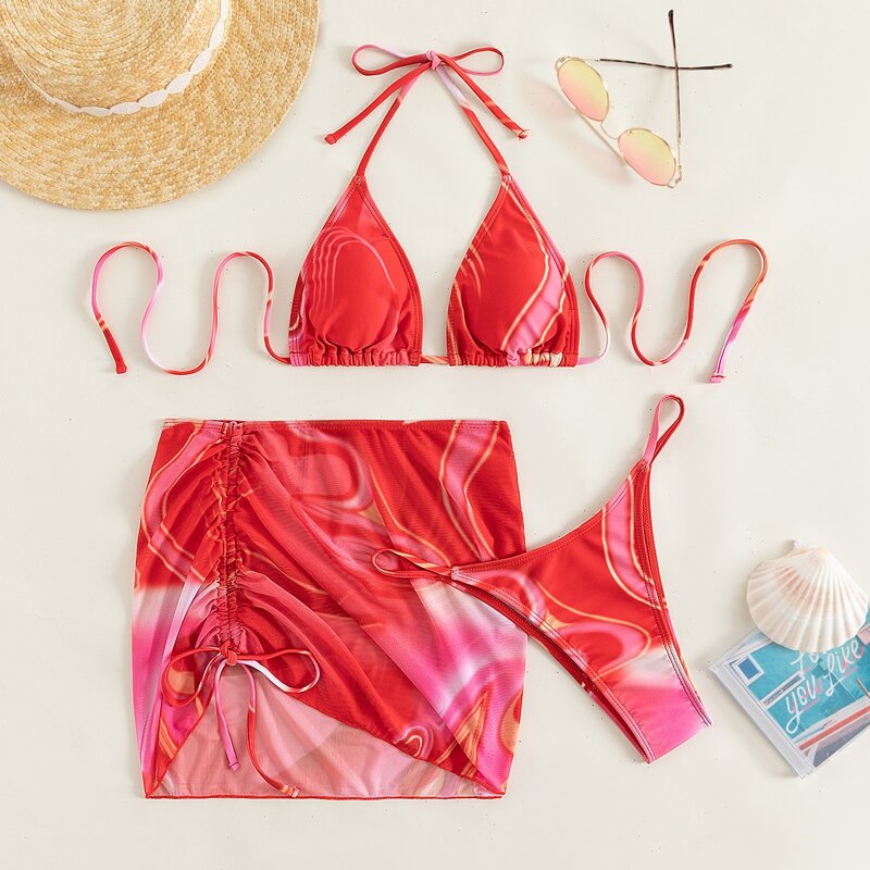 

3pack Fluid Pattern Halter Micro Triangle Bikini Swimsuit & Beach Skirt, Multicolor
