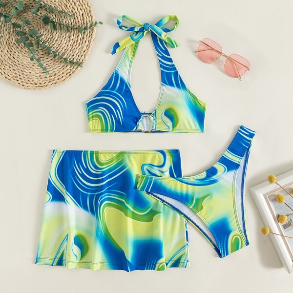 

3pack Fluid Pattern Ring Linked Halter Bikini Swimsuit & Beach Skirt, Multicolor
