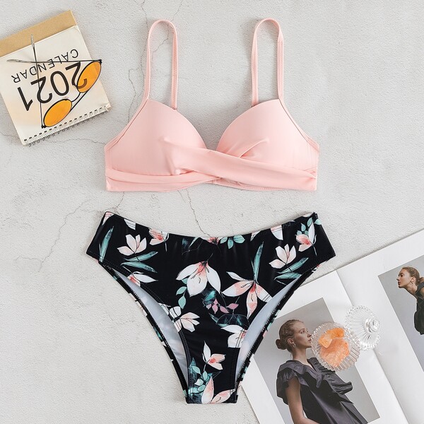 

Floral Print Twist Push Up Bikini Swimsuit, Multicolor