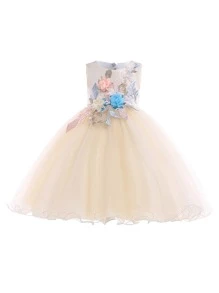 Girls Appliques Zip Back Party Dress - Champagne - View 1