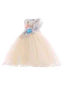 Girls Appliques Zip Back Party Dress - Champagne - View 3