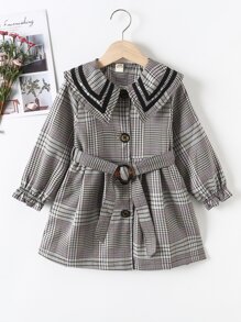 Girls Statement Collar Plaid Flounce Sleeve Belted Coat