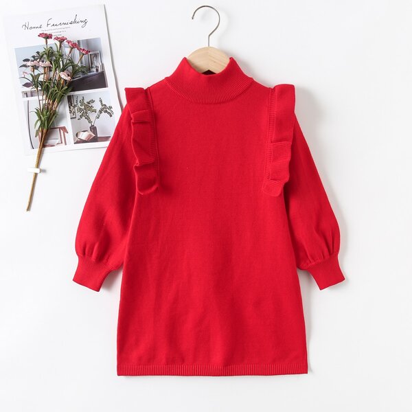 

Girls Ruffle Trim Mock Neck Bishop Sleeve Sweater Dress, Red