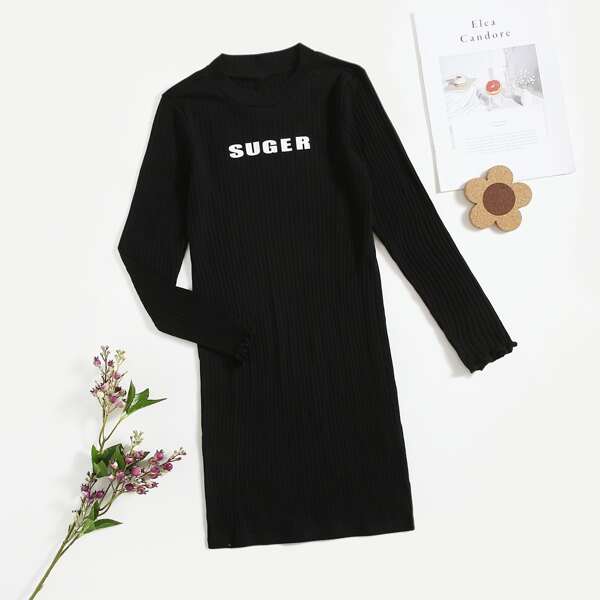 

Girls Letter Graphic Ribbed Knit Lettuce Trim Dress, Black