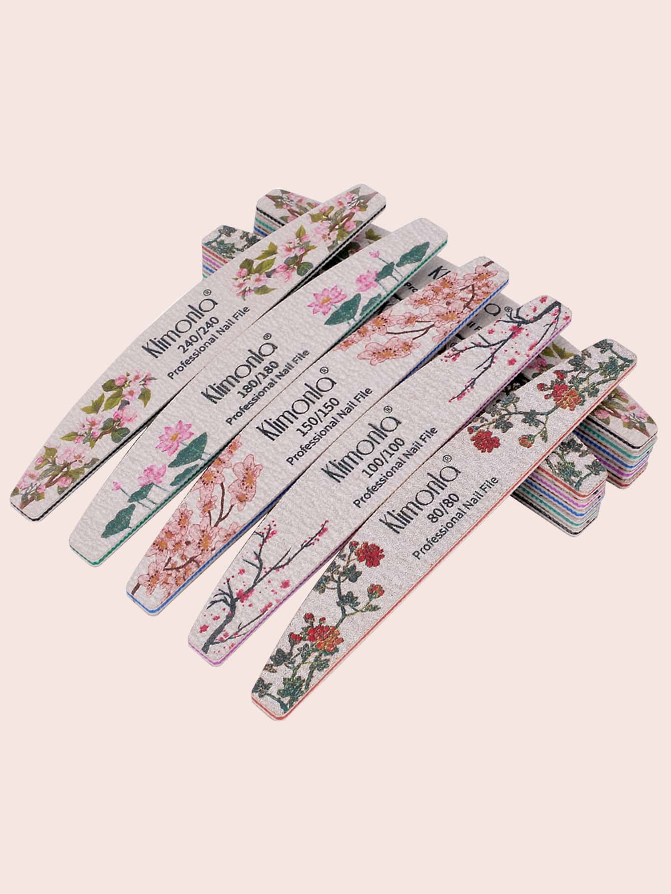klimonla Lote de 5 piezas de nuevas limas de uñas con estampado de flores, buffer de uñas colorido, ángulo de lima 80/100/150/180/240, herramientas de manicura profesionales - Multicolor - Ver 1