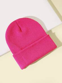 Solid Knitted Hat Casual - Hot Pink - View 2