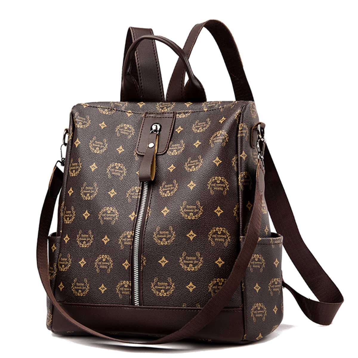 

Geo Print Zipper Front Backpack, Coffee brown