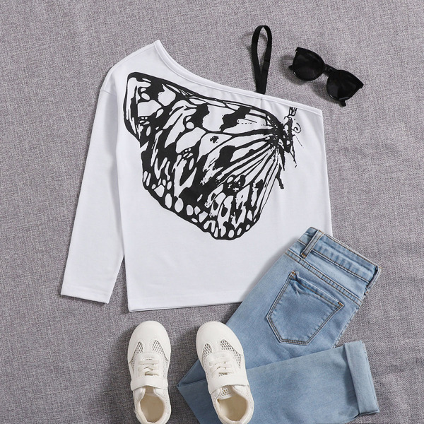 

Girls Butterfly Print Asymmetrical Neck Tee, White