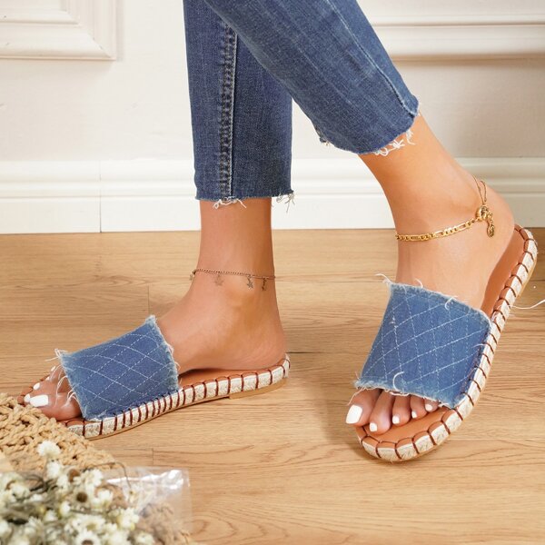 

Fray Detail Plaid Pattern Slide Sandals, Blue