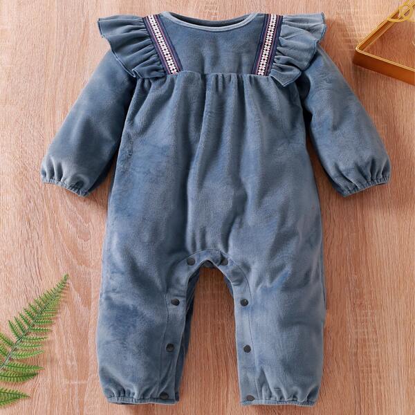 

Baby Tape Detail Ruffle Trim Velvet Jumpsuit, Dusty blue