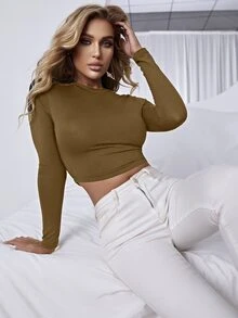 Camisetas Espalda al aire Lazada Cinta Liso Sexy - Camel - Ver 4