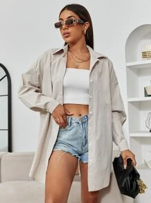 SHEIN Unity 字母圖案落肩袖襯衫 - 淺灰色 - 查看 4