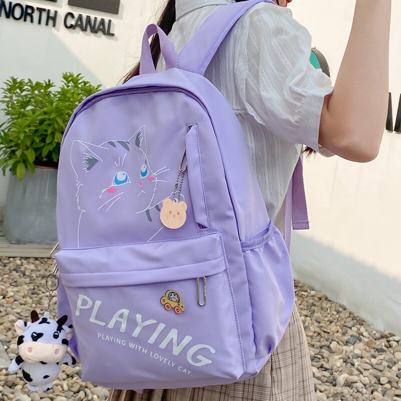 

Letter Graphic Backpack With Cartoon Charm, Purple
