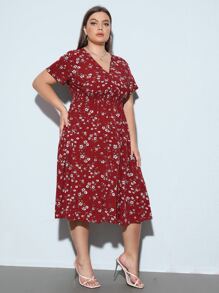 Calvaya Plus Allover Floral Print A-line Dress - Red - View 3
