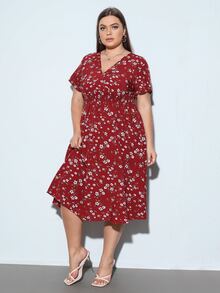 Calvaya Plus Allover Floral Print A-line Dress - Red - View 5