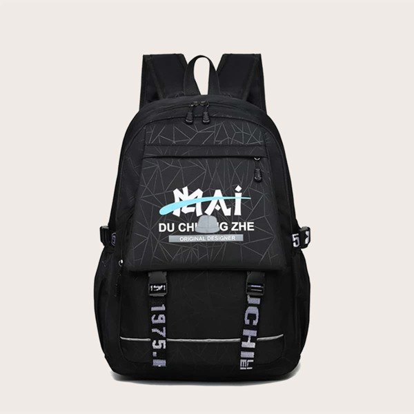 

Men Geometric & Letter Graphic Backpack, Black