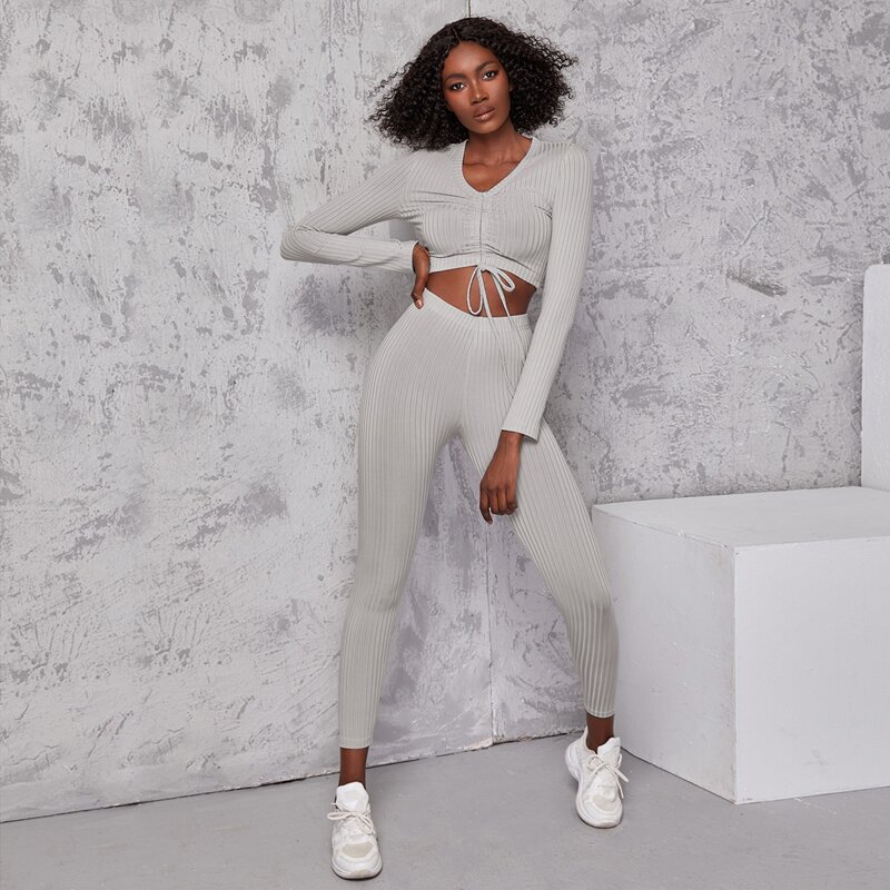

Ribbed Drawstring Front Sports Tee & Leggings, Light grey