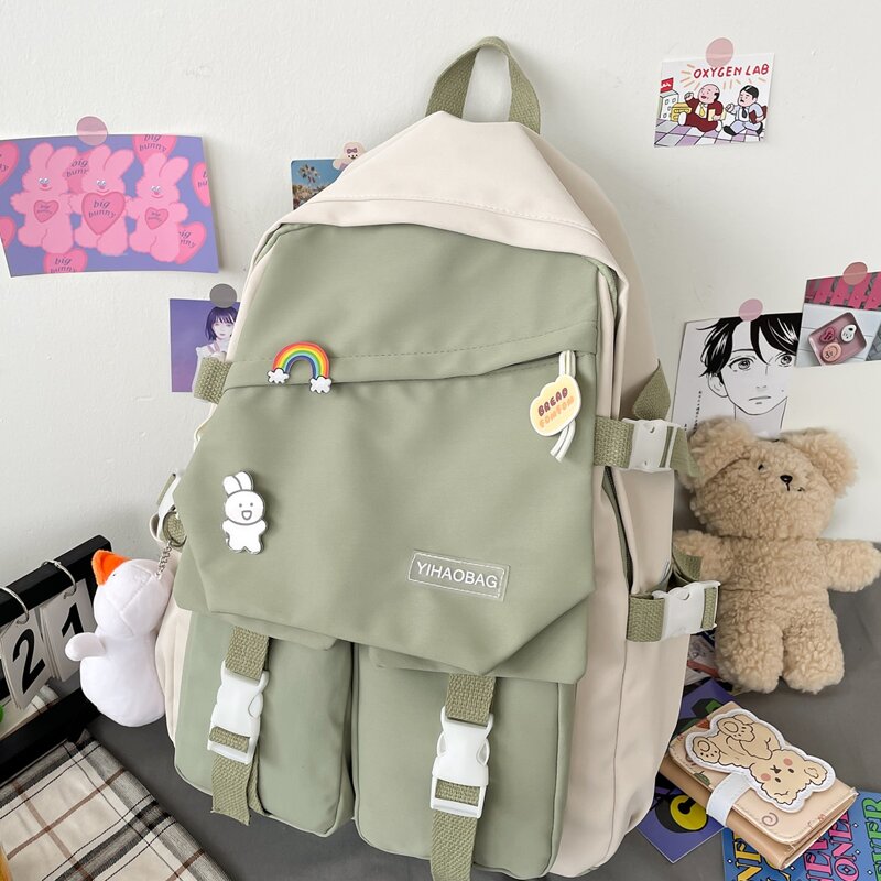 

Buckle Decor Pocket Front Backpack With Cartoon Charm, Green