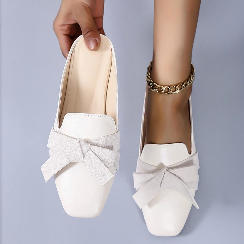 

Minimalist Bow Decor Flat Mules, Beige