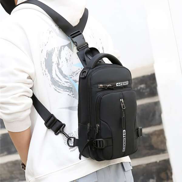 

Men Letter Graphic Sling Bag, Black