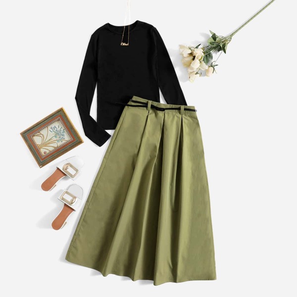 

Ribbed Knit Top & Fold Pleated Belted Skirt, Multicolor