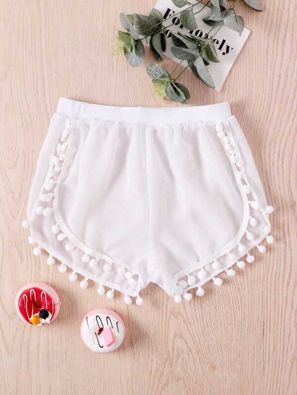 Shorts De Playa De Chica Joven Con Ribete De Pompones Y De Chifón Liso