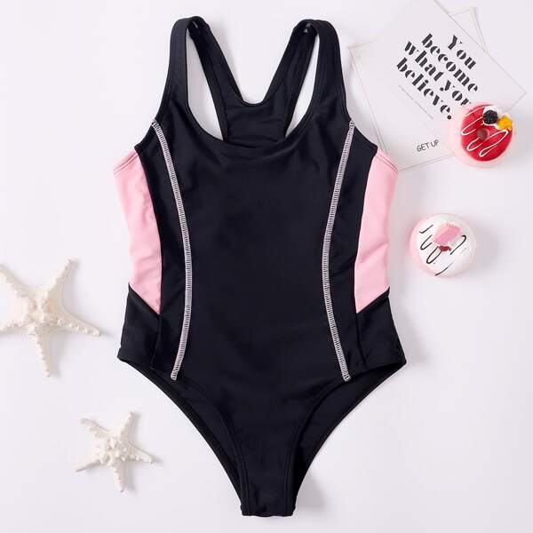 

Girls Whip Stitch One Piece Swimsuit, Black
